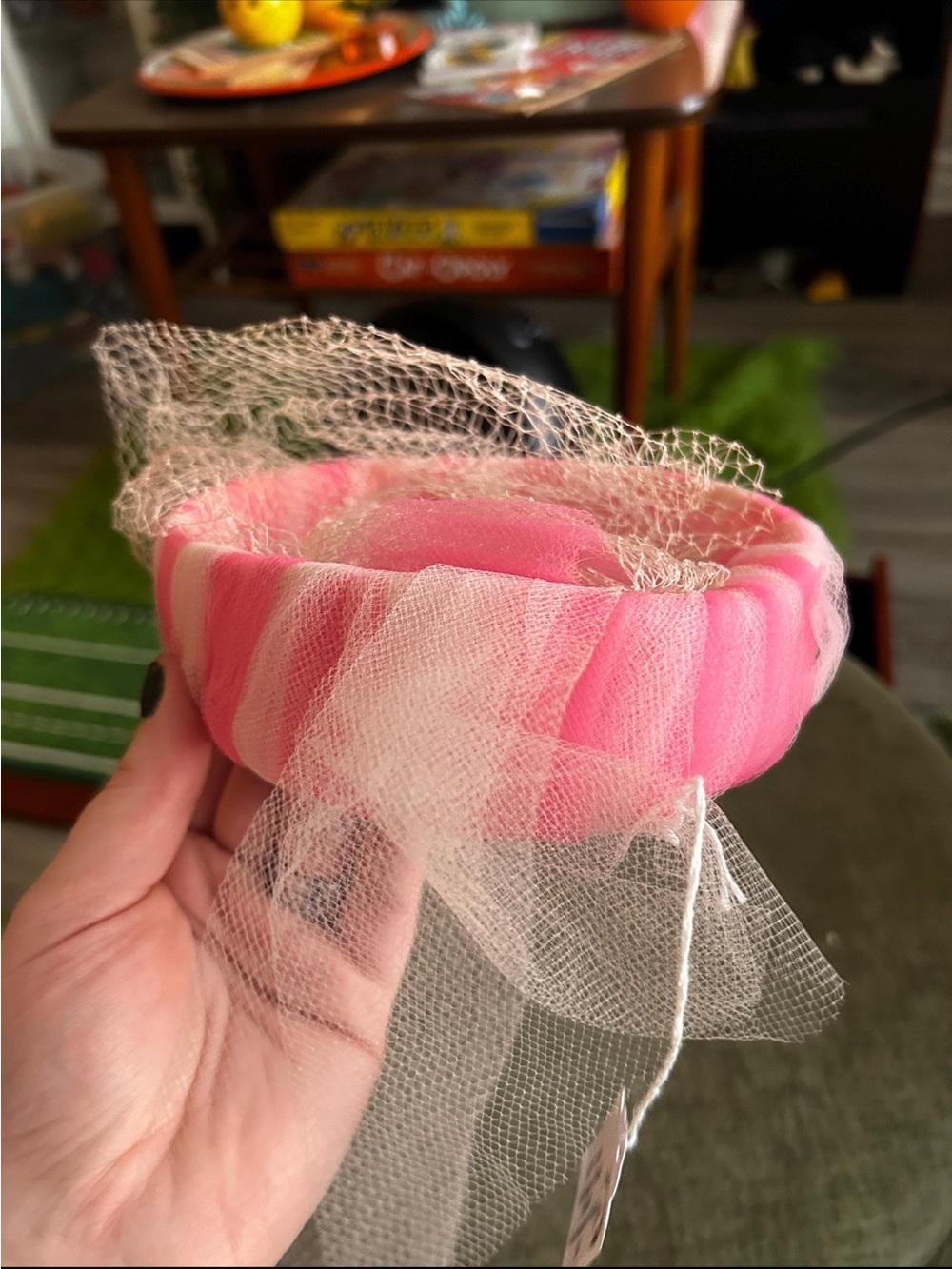 Vintage White and Pink Mesh Fascinator Hat